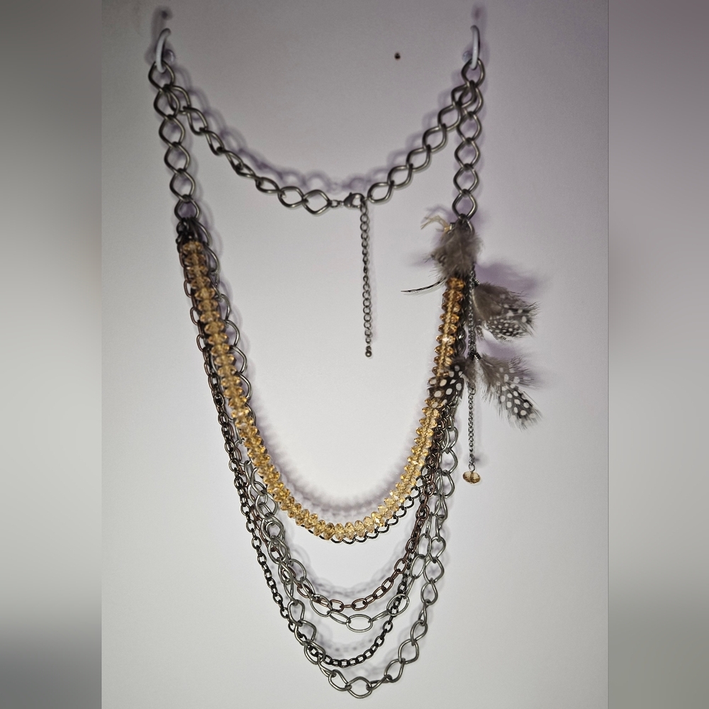 Elegant Gold, Silver, Crystal, and Feather Layered Chain Necklace. Never Worn